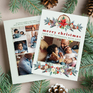 Merry Christmas rustic floral photo collage  Holiday Card