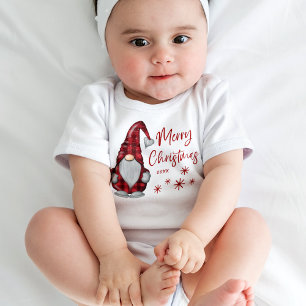 Merry Christmas Rustic Gnome in Red Buffalo Plaid Baby Bodysuit