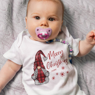 Merry Christmas Rustic Gnome in Red Buffalo Plaid Baby Bodysuit