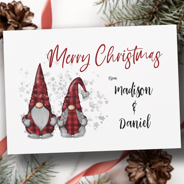 Merry Christmas Rustic Gnomes in Red Buffalo Plaid Holiday Card (Creator Uploaded)