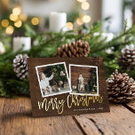 Merry Christmas Rustic Gold Script Photo<br><div class="desc">Affordable custom printed photo greeting cards with simple templates for customisation. This rustic chic design features a 2 photo template with real gold foil script text on a wood-look background. Personalise it with your photos, family name, the year or other custom text. Reverse side has space for additional photos and...</div>