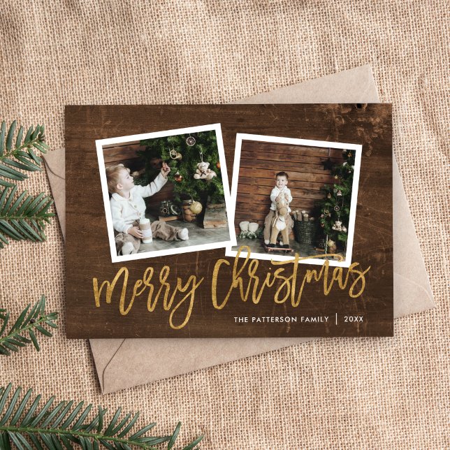 Merry Christmas Rustic Gold Script Photo Holiday Card (Creator Uploaded)