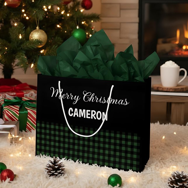 Merry Christmas Rustic Green & Black Buffalo Plaid Large Gift Bag (Creator Uploaded)