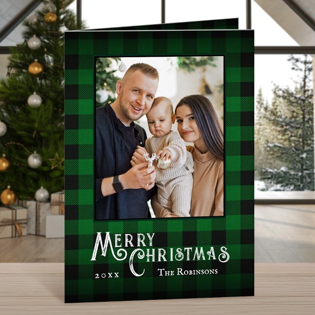 Merry Christmas Rustic Green Buffalo Plaid Photo Holiday Card (Available in high quality print or digital download for quick text messaging, email or self print.)