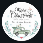 Merry Christmas Rustic Green Truck Winter Floral Classic Round Sticker<br><div class="desc">Merry Christmas Rustic Green Truck Winter Floral Classic Round Sticker</div>