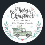 Merry Christmas Rustic Green Truck Winter Floral Classic Round Sticker<br><div class="desc">Merry Christmas Rustic Green Truck Winter Floral Classic Round Sticker</div>