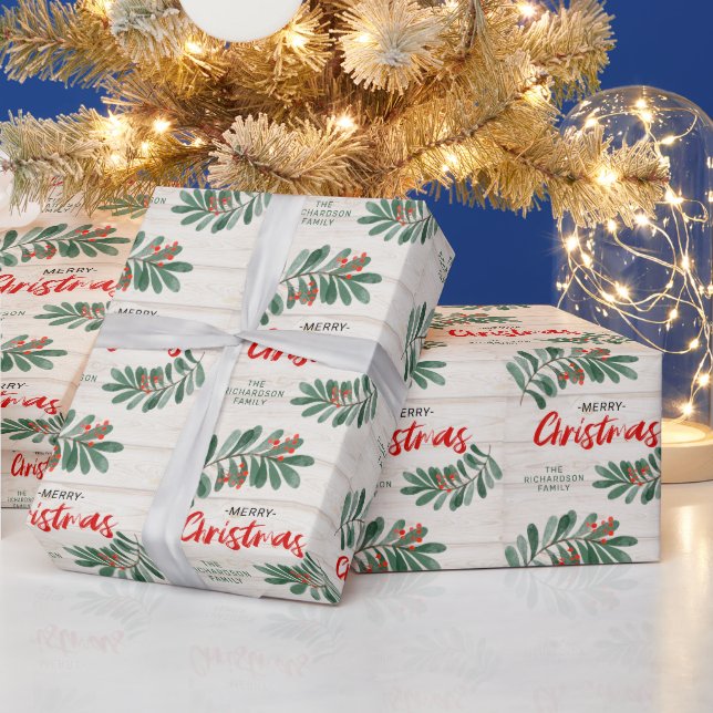 Merry Christmas Rustic Greenery Holiday Wrapping Paper (Holidays)