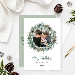 Merry Christmas Rustic Greenery Wreath Photo Holiday Card