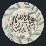 Merry Christmas Rustic Kraft Botanical Leaf Wreath Classic Round Sticker<br><div class="desc">Stickers</div>
