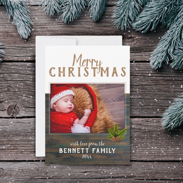Merry Christmas Rustic Pine Holiday Photo Card (Creator Uploaded)