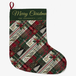 Merry Christmas Rustic Plaid Pattern Large Christmas Stocking