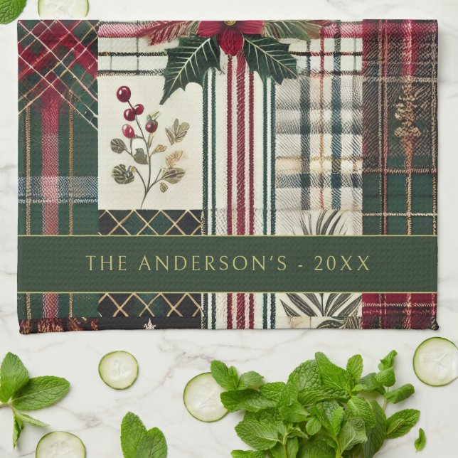 Merry Christmas Rustic Plaid Pattern Tea Towel (Folded)