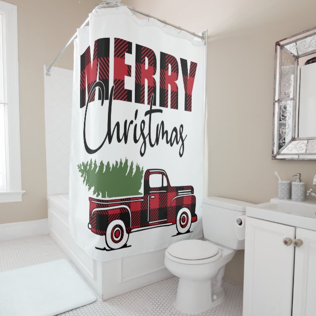 Merry Christmas Rustic Plaid Truck Shower Curtain (In Situ)