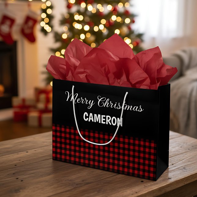 Merry Christmas Rustic Red & Black Buffalo Plaid Large Gift Bag (Creator Uploaded)