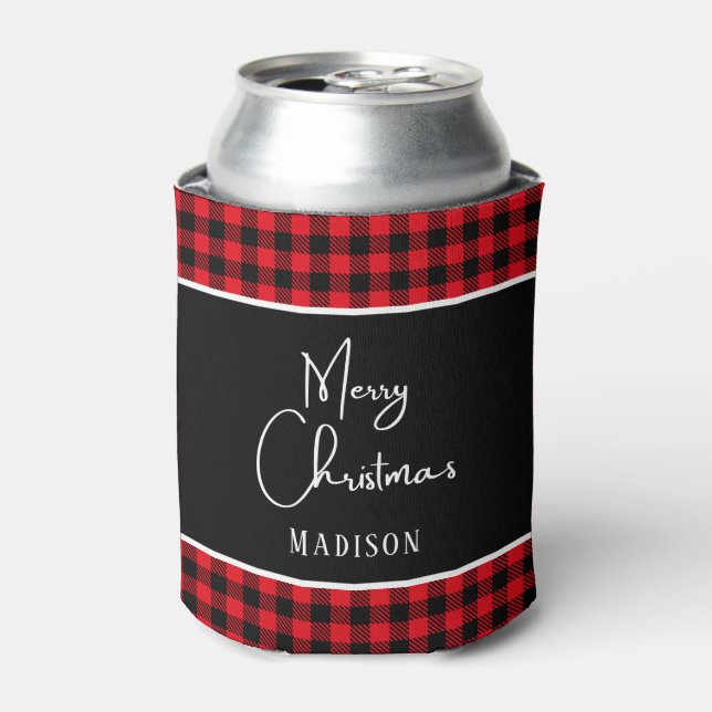 Merry Christmas rustic red buffalo plaid Can Cooler (Can Front)