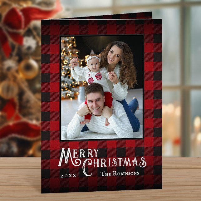 Merry Christmas Rustic Red Buffalo Plaid Photo Holiday Card (Available in high quality print or digital download for quick text messaging, email or self print.)