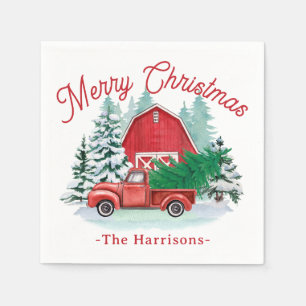 Merry Christmas Rustic Red Farmhouse Truck White Napkin