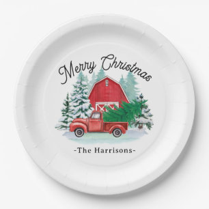 Merry Christmas Rustic Red Truck Farmhouse White Paper Plate