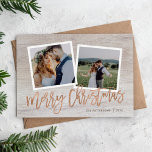 Merry Christmas Rustic Rose Gold Script Photo Holiday Card<br><div class="desc">Affordable custom printed Christmas photo cards with simple templates for customisation. This rustic chic design features a 2 photo template with faux rose gold foil script text on a wood-look background. Personalise it with your photos, family name, the year or other custom text. Please note that the faux foil and...</div>