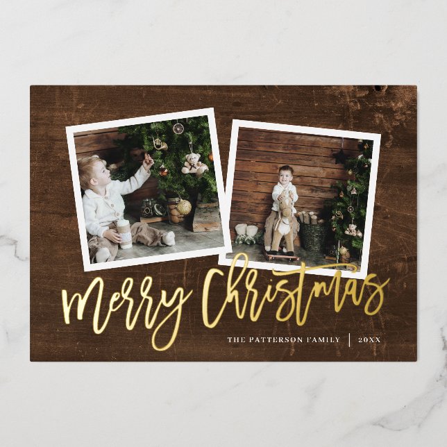 Merry Christmas Rustic Script 2 Photo Gold (Front)