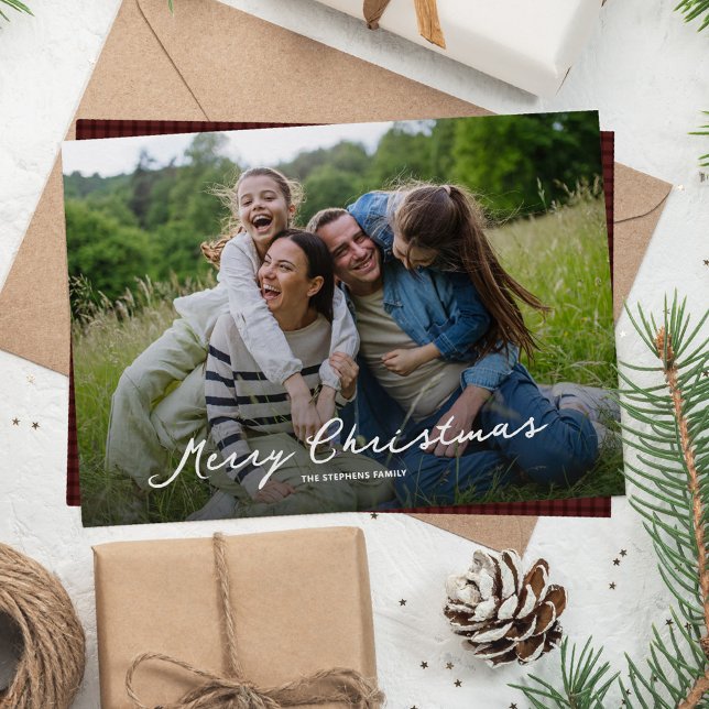 Merry Christmas rustic script red plaid photo Holiday Card (Creator Uploaded)