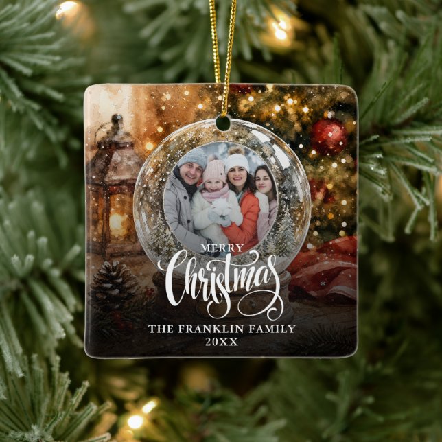 Merry Christmas Rustic Snow Globe Photo Ceramic Ornament (Tree)