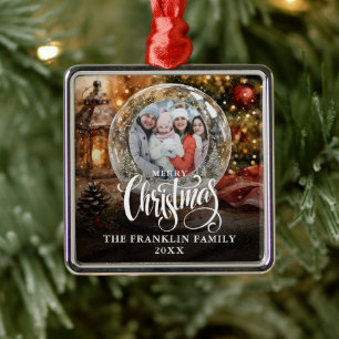 Merry Christmas Rustic Snow Globe Photo Metal Tree Decoration