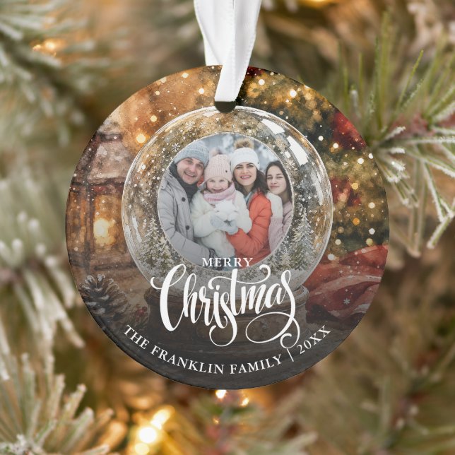 Merry Christmas Rustic Snow Globe Photo Ornament (Tree)
