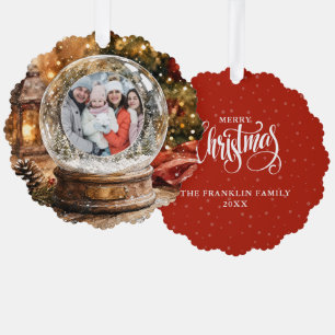 Merry Christmas Rustic Snow Globe Photo Tree Decoration Card