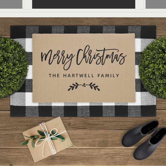 Merry Christmas Rustic Tan Laurel Family Name Doormat (Creator Uploaded)