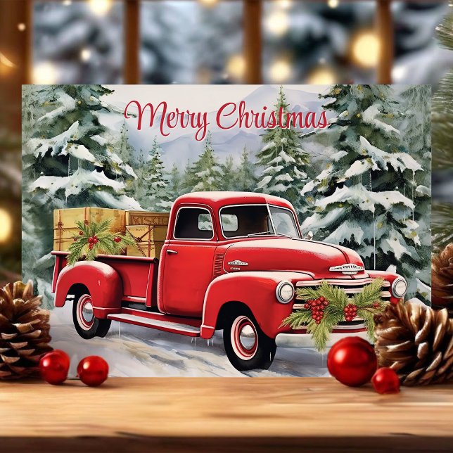 Merry Christmas Rustic Vintage Red Truck Holiday Card (Creator Uploaded)