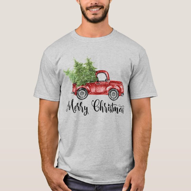 Merry Christmas Rustic Vintage Red Truck T-Shirt (Front)
