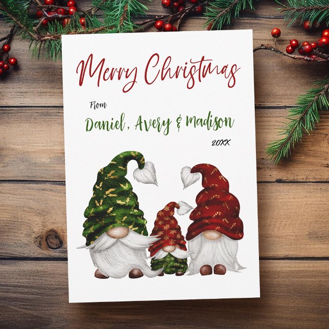 Merry Christmas Rustic Watercolor Gnome Family Holiday Card (Available in high quality print or digital download for quick text messaging, email or self print.)