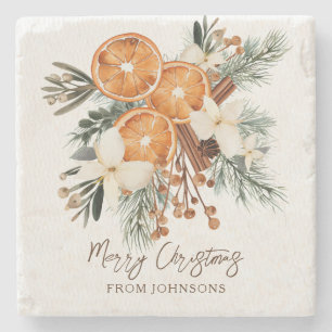 Merry Christmas rustic winter botanical greenery Stone Coaster
