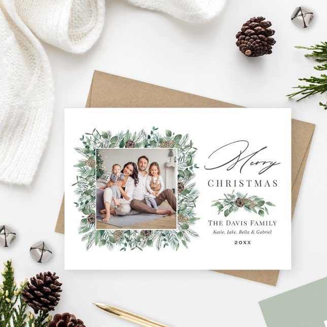 Merry Christmas Rustic Winter Greenery Photo Holiday Card (Creator Uploaded)