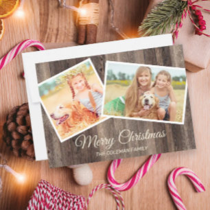 Merry Christmas Rustic Wood 2 Photo Card