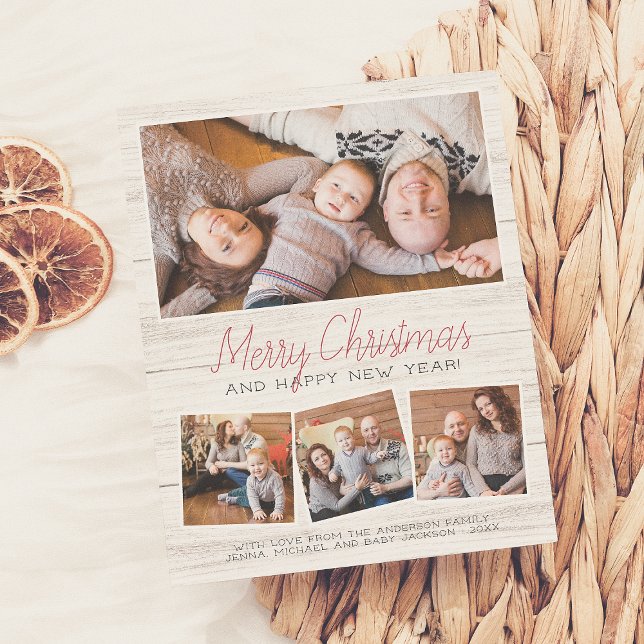 Merry Christmas Rustic Wood 4 Photos Collage Postcard (Creator Uploaded)