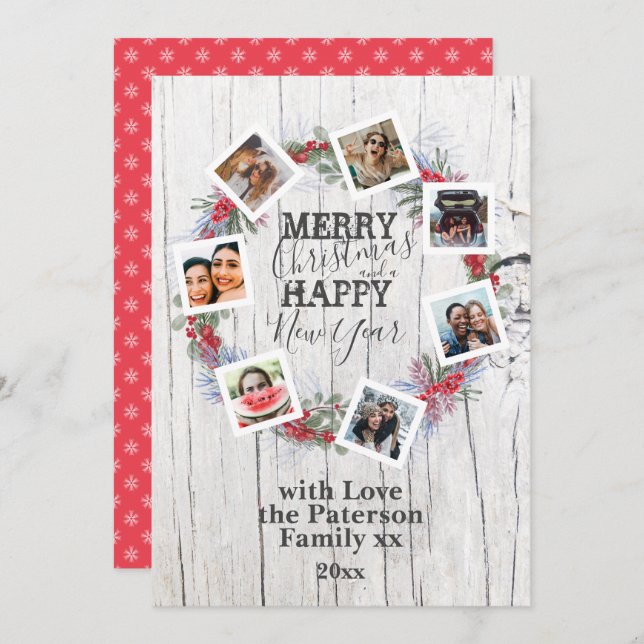 Merry Christmas Rustic Wood 7 Photo Wreath  Holiday Card (Front/Back)