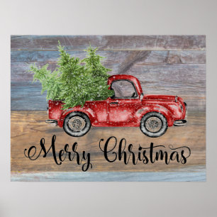 Merry Christmas Rustic Wood And Cute Red Truck Poster