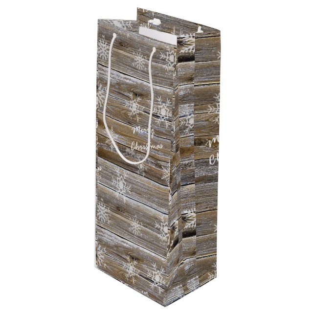 Merry Christmas Rustic Wood and Snowflakes Rustic Wine Gift Bag (Front Angled)