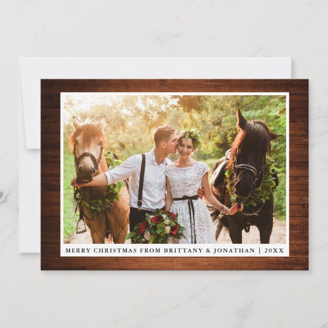 Merry Christmas Rustic Wood Couple Photo Card (Front)