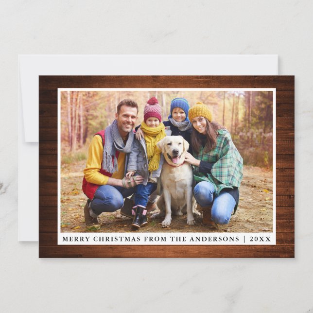 Merry Christmas Rustic Wood Family Photo Card (Front)