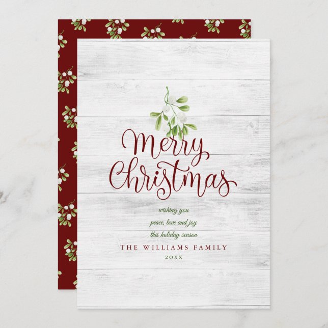 Merry Christmas Rustic Wood Mistletoe Burgundy Holiday Card (Front/Back)