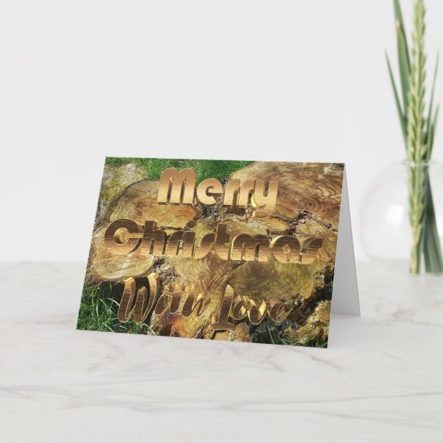 Merry Christmas Rustic Wood Tree Trunk Grass Photo Holiday Card (Front)