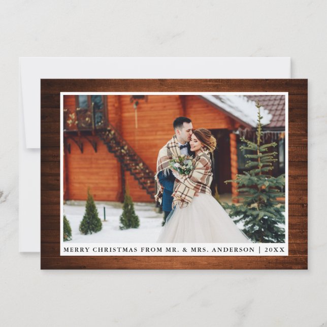 Merry Christmas Rustic Wood Wedding Photo Card (Front)