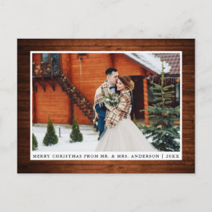 Merry Christmas Rustic Wood Wedding Photo Postcard