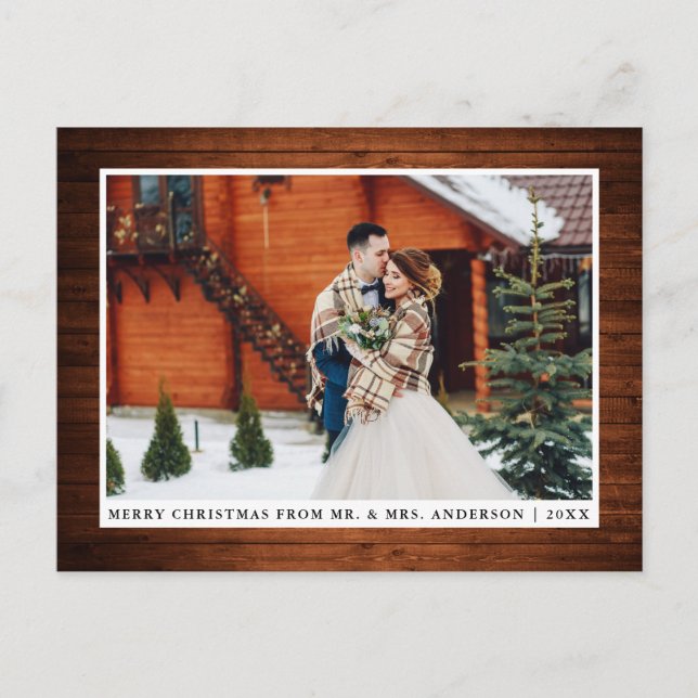 Merry Christmas Rustic Wood Wedding Photo Postcard (Front)