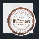 Merry Christmas Rustic Woodgrain Tree Slice Holiday Card<br><div class="desc">Celebrate the magical and festive holiday season with our custom holiday card. Our vintage holiday design features our rustic hand-drawn etched style vintage woodgrain woodcut tree slice. Personalised with family name. The reverse side features a full photo layout with laurel wreath accents. All artwork contained in this rustic vintage style...</div>