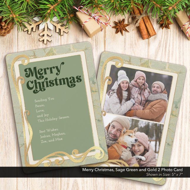 Merry Christmas Sage Green and Gold 2 Photo Card (Merry Christmas, Sage Green and Gold Holiday Two (2) Photo Greeting Card)
