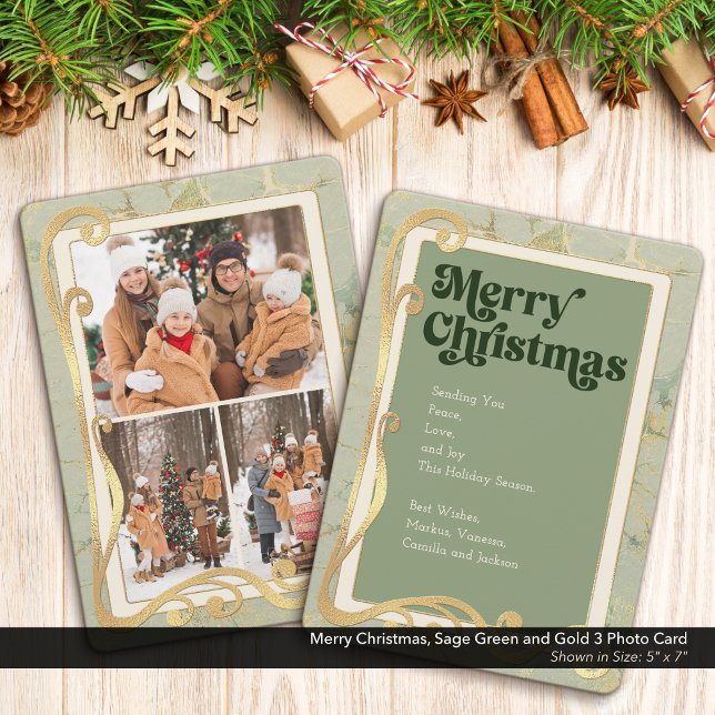 Merry Christmas Sage Green and Gold 3 Photo Card (Merry Christmas, Sage Green and Gold Holiday Three (3) Photo Greeting Card)